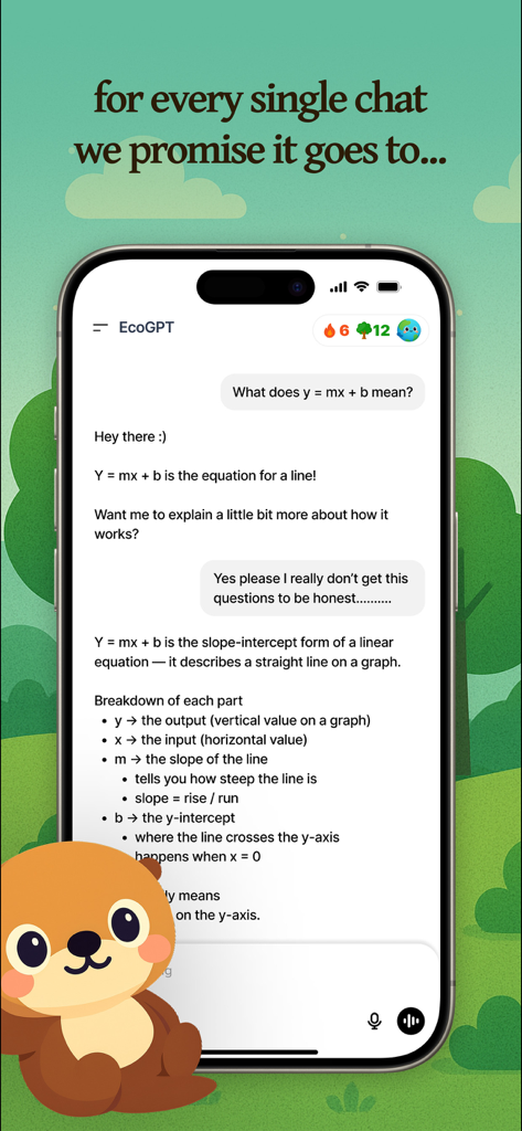 A smartphone showing the EcoGPT app explaining a linear equation in a chat interface with a green nature background and cute beaver character.