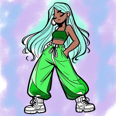 girl in baggy pants crop top and long hair