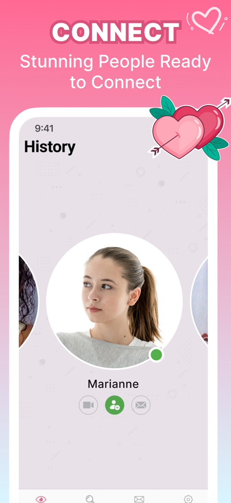 Schermata dell'app Flirtbees che mostra la cronologia delle chat e il profilo di una donna di nome Marianne.