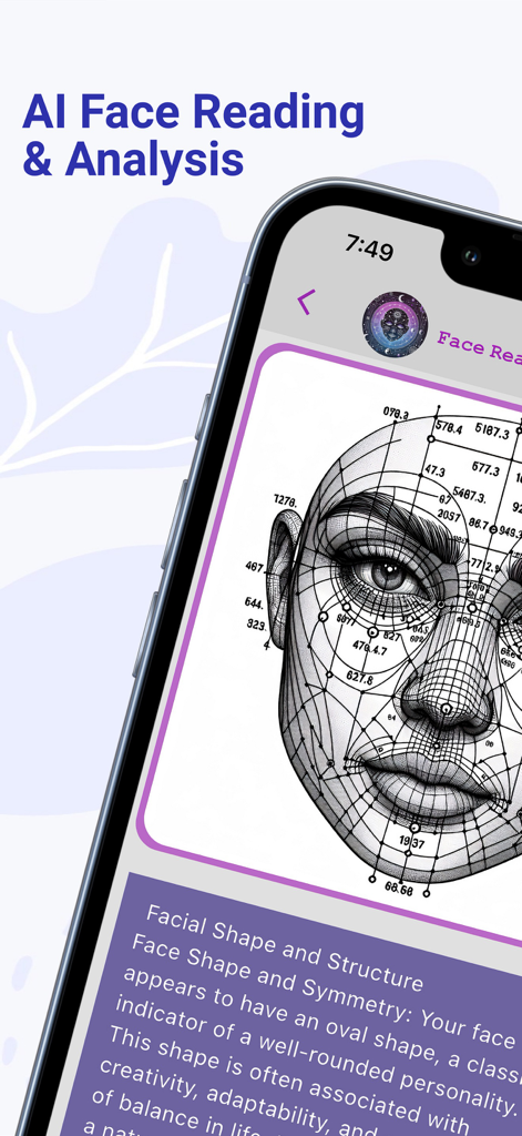 Face Reader AI: Insights - A smartphone screen showing the Face Reader AI app with a detailed facial map and personality analysis based on face shape.