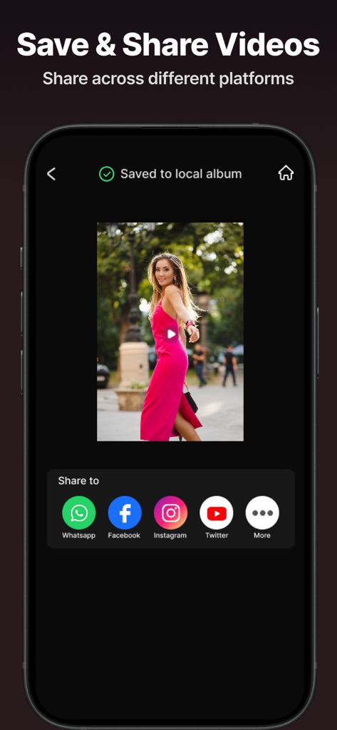 AI Video Enhancer & Upscaler - KI-Video-Enhancer-App-Oberfläche zeigt ein gespeichertes Video mit Optionen zum Teilen auf sozialen Plattformen wie Instagram und Facebook