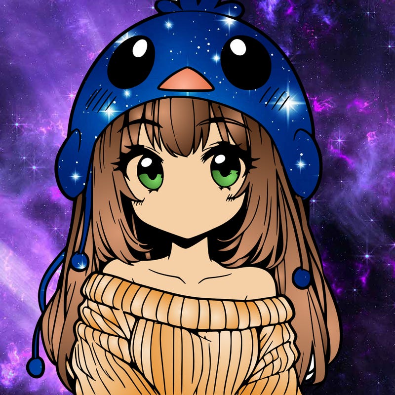 anime girl with chick shaped hat with sweater with bare shoulders with bangs covering them one eye with low tail