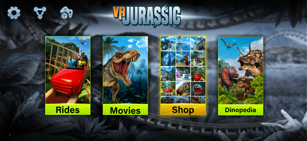 VR Jurassic - Dino Park World - Menú principal de la aplicación VR Jurassic que muestra las categorías de Atracciones, Películas, Tienda y Dinopedia