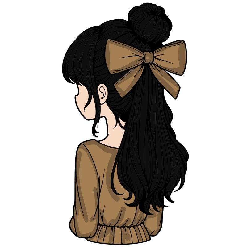 realistic girl  with hip length hair a bun and a big bow on the back of head