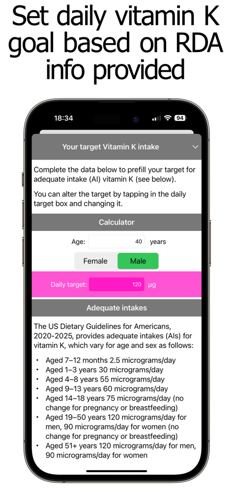 Interface for setting daily vitamin K goals based on age and sex with RDA guidelines.