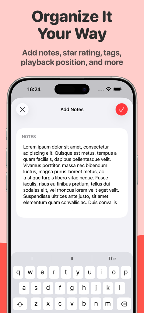 Play: Save Videos Watch Later - iPhone-Screenshot mit der Funktion 'Notizen hinzufügen' zum Organisieren von gespeicherten Videos in der Play App