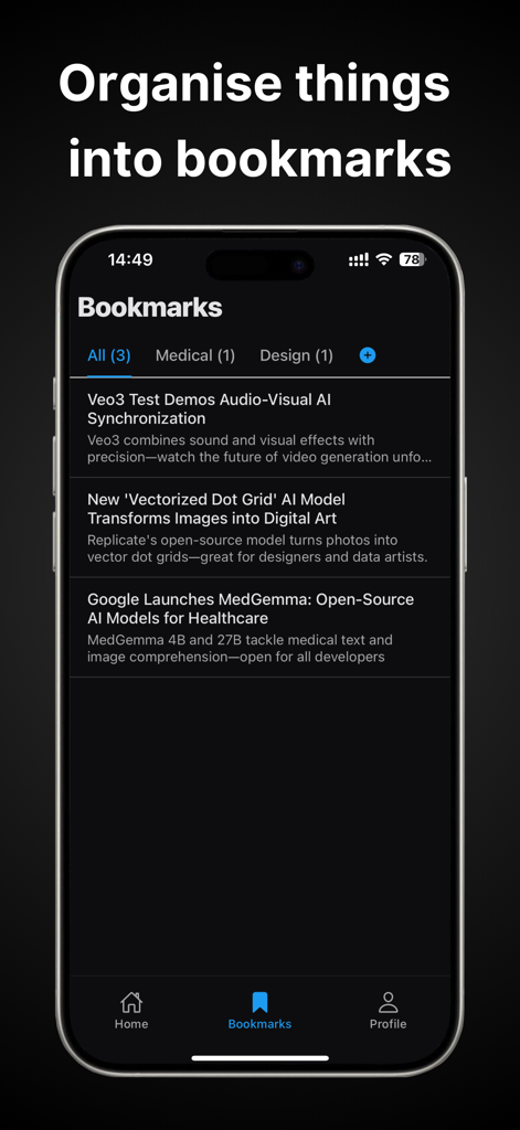 AI News: Tensor AI - Una captura de pantalla de la aplicación Tensor AI que muestra la sección de marcadores donde los usuarios pueden organizar artículos de noticias de IA en categorías como médica y de diseño.