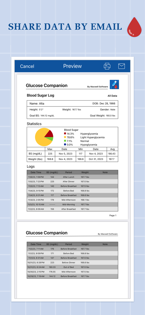 Glucose Companion Pro - A detailed blood sugar log and statistics report preview from the Glucose Companion Pro app for sharing with healthcare providers.