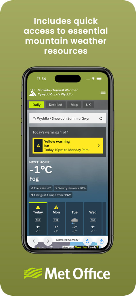 Snowdon Summit Weather - Snowdon Summit Weather app interface showing a Met Office forecast with a yellow ice warning and fog conditions.
