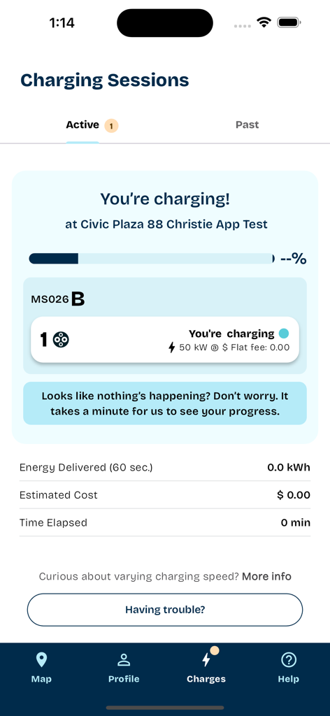 Evie Charging - Screenshot of the Evie Charging app showing an active EV charging session status with energy delivered and estimated cost