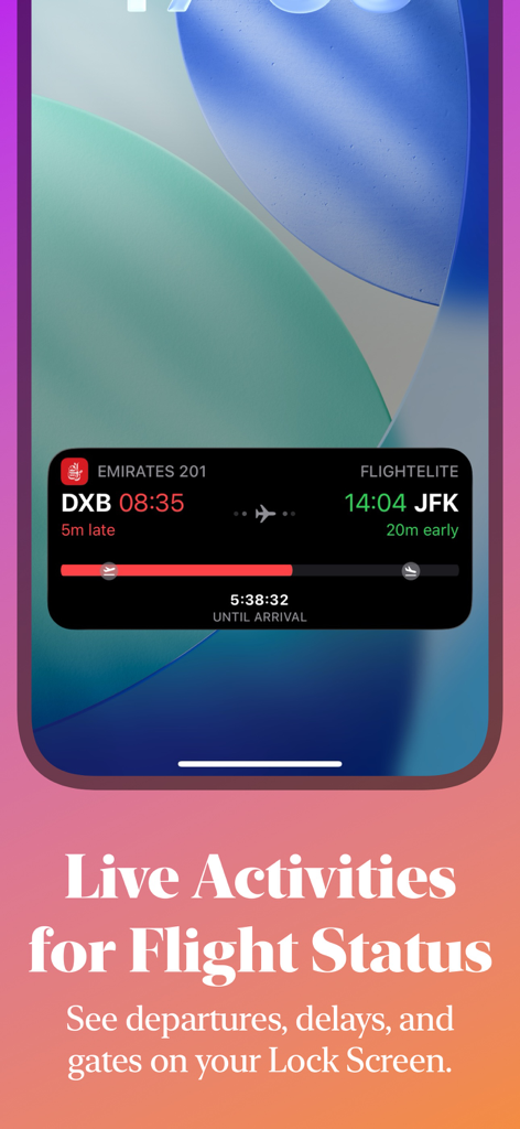Flight Tracker: FlightElite AI - FlightElite AI flight tracker live activity on an iPhone lock screen showing real-time flight status and arrival countdown