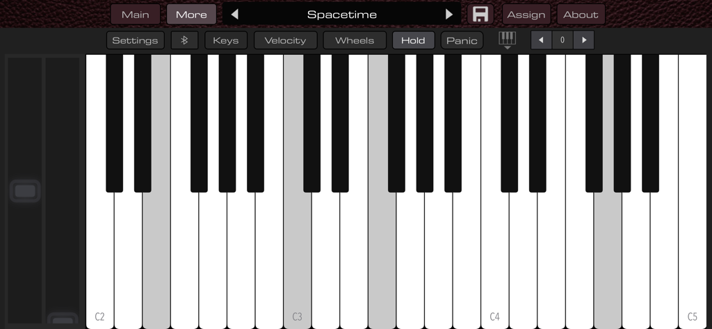 Teclado de piano virtual e controles de produção musical no aplicativo móvel HOUSE Mark I