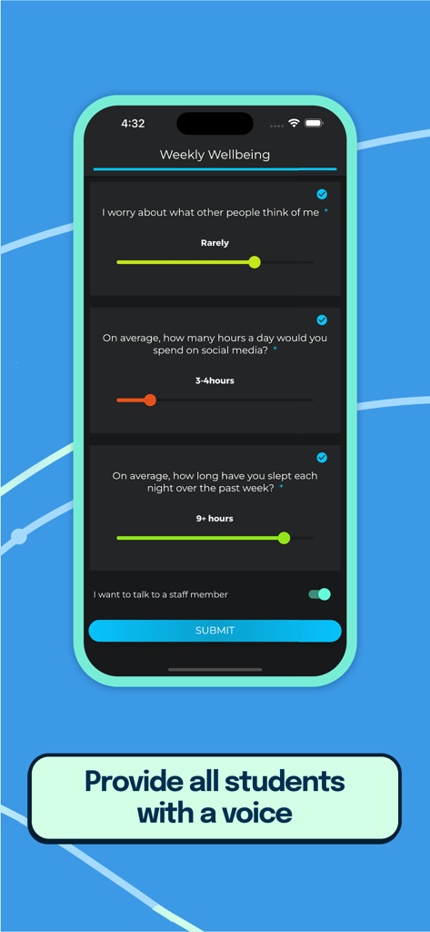 Komodo - Komodo app interface showing a student wellbeing survey with questions about social anxiety and sleep habits