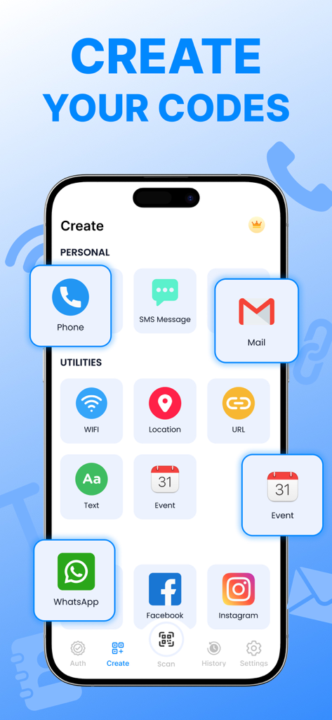 Interface of the QR code generator app showing options to create codes for WiFi, contacts, and social media.