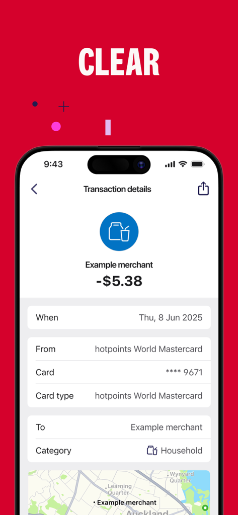 A smartphone display showing the transaction details screen of the Westpac One NZ app including merchant name amount and a location map