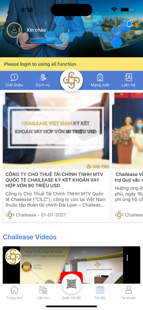 Chailease App - Startbildschirm der Chailease Finanz-App mit Geschäftsnachrichten und Service-Symbolen