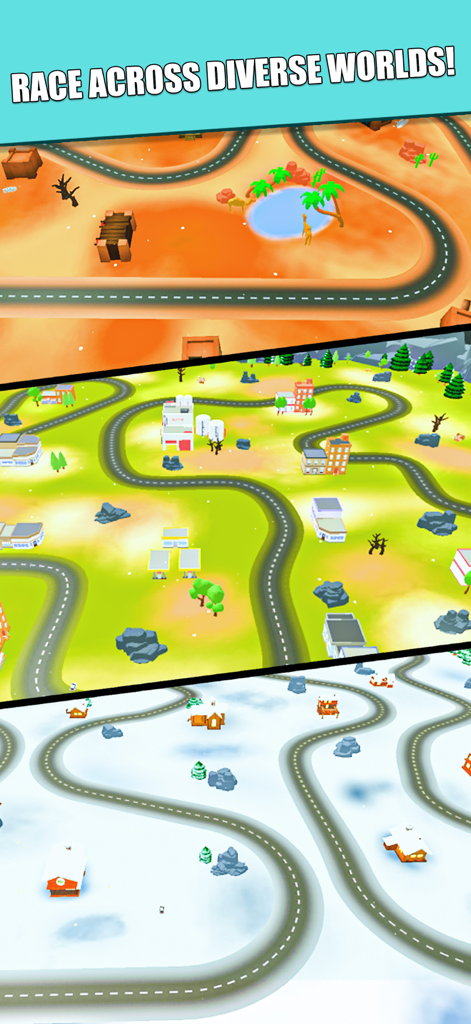 Police Car Chase Police Games - Una muestra de tres entornos de carreras diferentes, incluyendo un desierto, un pueblo verde y una aldea nevada.