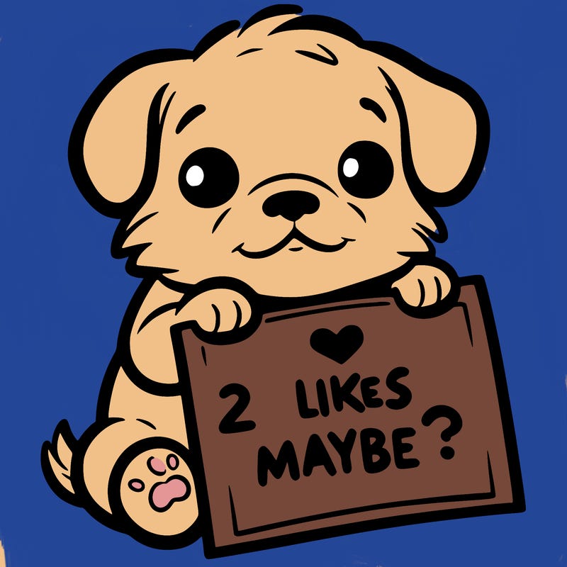 a puppy holding a sign that says 2 likes maybe?