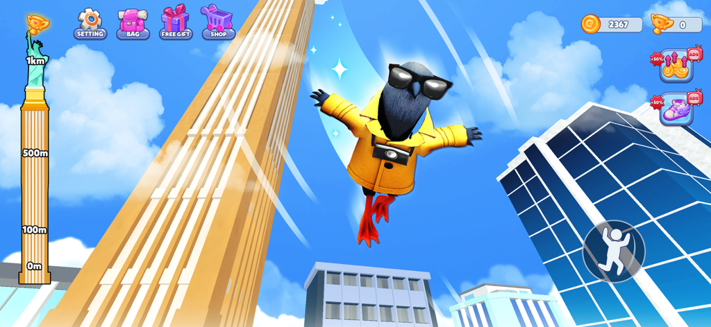 Brainzot Climb and Jump - Un simpatico personaggio uccello con una giacca gialla che salta tra i grattacieli di una città nel gioco mobile Brainzot.