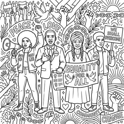 Honor the spirit of activism and social justice with this powerful coloring page depicting Civil Rights Activists. This intricate illustration celebrates unity, peace, and the ongoing fight for equality.