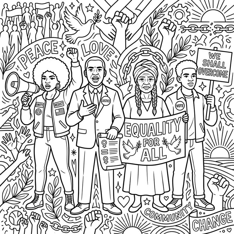 Honor the spirit of activism and social justice with this powerful coloring page depicting Civil Rights Activists. This intricate illustration celebrates unity, peace, and the ongoing fight for equality.