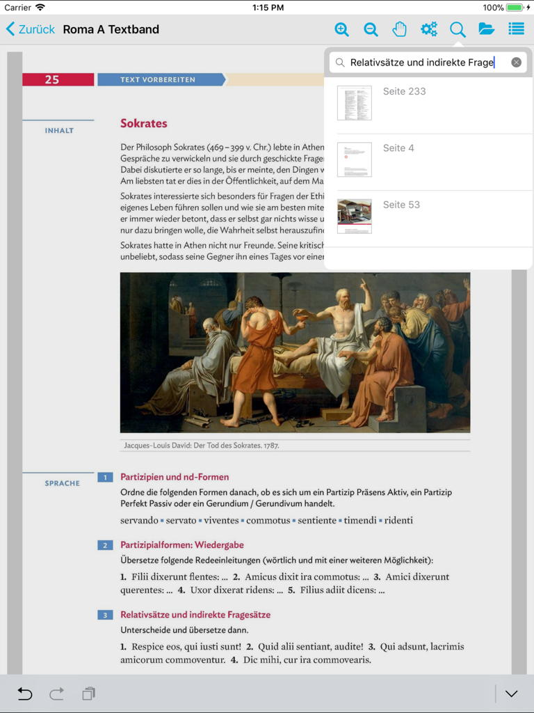 Digital textbook interface in the click and study app showing a search overlay with results on a page about Socrates