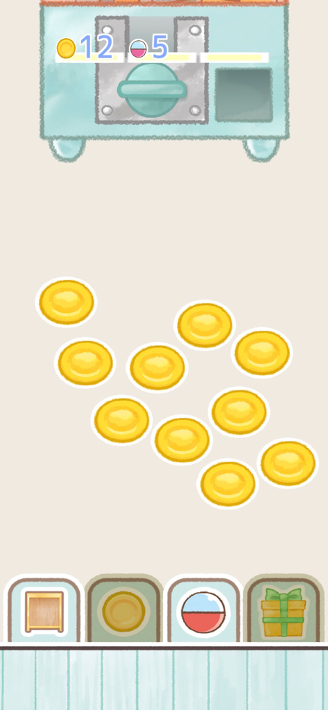 Gameplay screenshot showing a gacha machine and gold coins in the Yeasterken bakery game