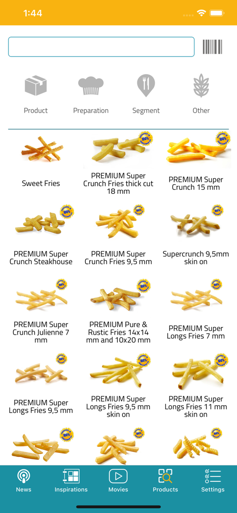 Aviko PRO - Aviko PRO App-Oberfläche mit einem Katalog professioneller Kartoffelprodukte und Pommes Frites