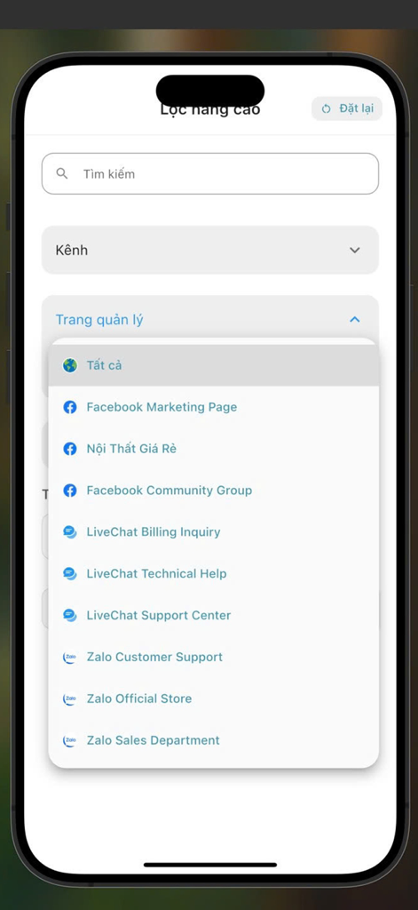 MiChat (MiTek) - MiChat app dashboard displaying advanced filter options for managing messages from Facebook LiveChat and Zalo