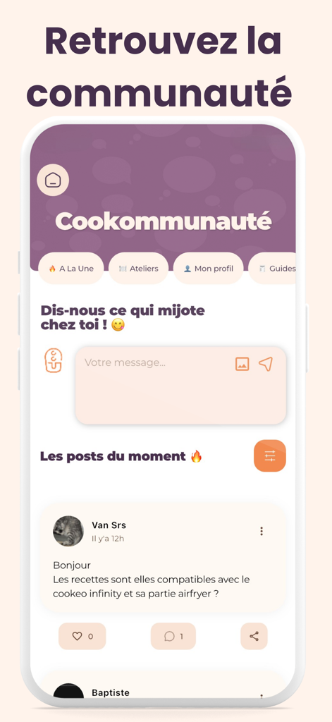 Recettes Airfryer- Cookofry - A mobile app screen showing a community forum for air fryer recipes with user posts and a messaging input field