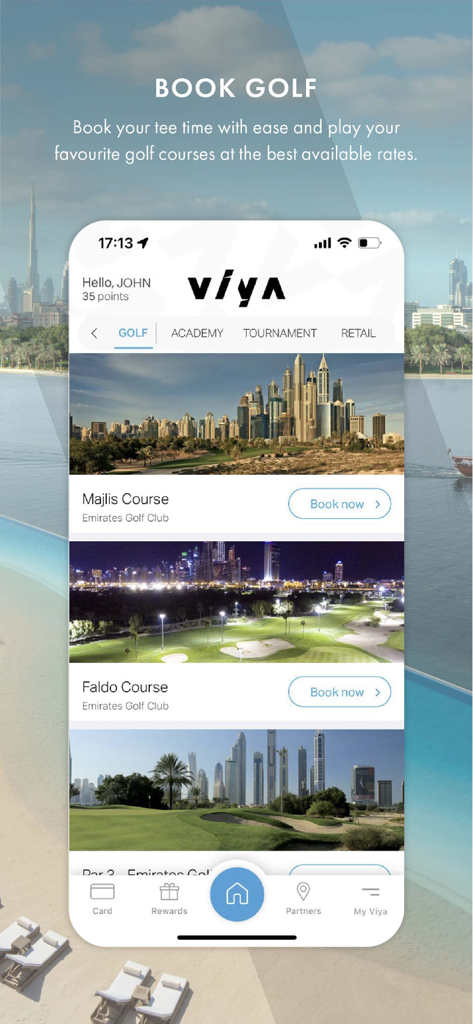 Viya - Viya app interface for booking golf tee times at elite Dubai courses including Majlis and Faldo