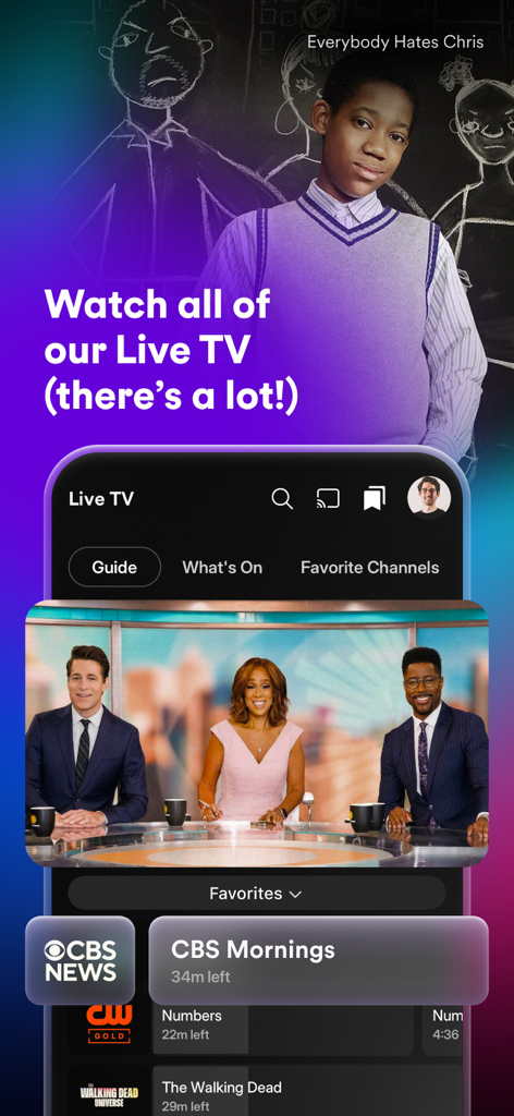 Plex mobile app interface showing CBS Mornings live news broadcast and a list of available TV channels.