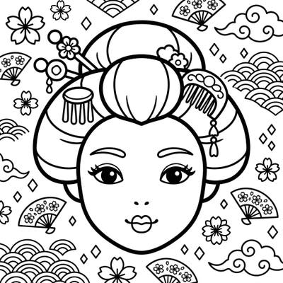 Dive into the captivating world of Japanese beauty with this adorable Kawaii Geisha Makeup coloring page. Featuring a charming geisha face surrounded by delightful traditional motifs, it's perfect for all ages.