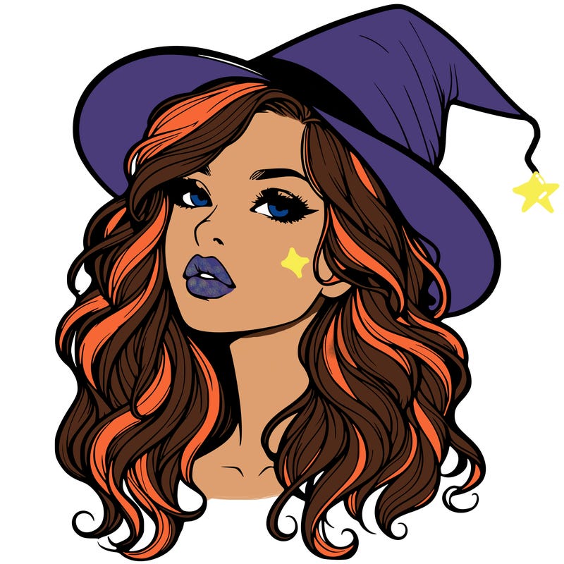 realistic witch girl with wavy hair and lips