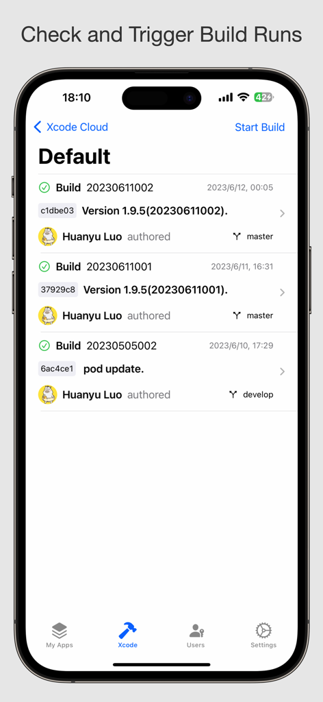 Connected - For App Developers - Dashboard view of Xcode Cloud build runs and status in the Connected app