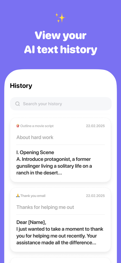 TextAI - AI Texting Assistant - Mobile screen showing the TextAI history log with a movie script outline and a thank you email draft