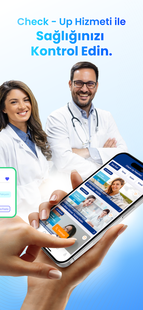 Happ | Check-Up - A hand holding a smartphone displaying the Happ Health app with medical check-up packages and smiling doctors in the background.