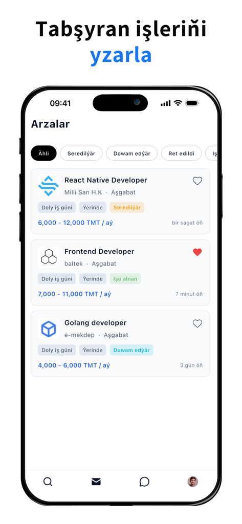 asman: Iş Tap - Captura de tela móvel do aplicativo asman mostrando uma lista rastreada de candidaturas de emprego para funções de desenvolvedor no Turcomenistão