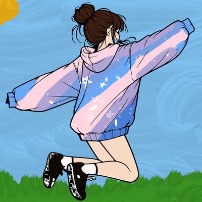 realistic girl jumping with a bun and oversized sweatshirt