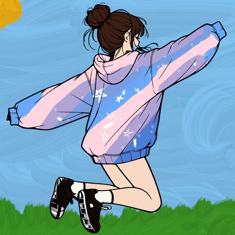 realistic girl jumping with a bun and oversized sweatshirt
