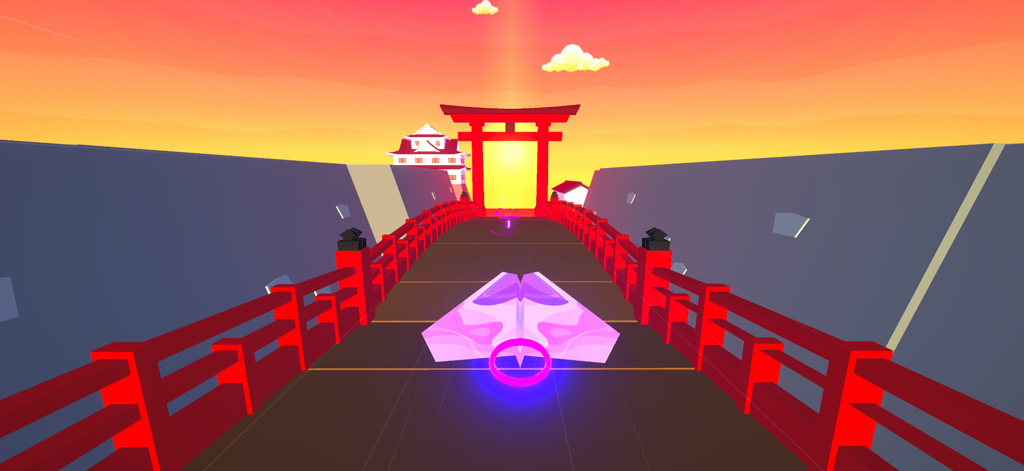 Un avión de papel morado volando sobre un puente rojo hacia una puerta Torii al atardecer
