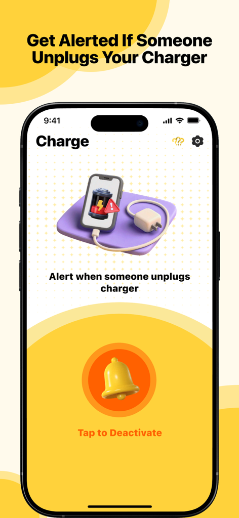 AntiLost app charging security screen featuring an alert for when a charger is unplugged with a yellow alarm bell button