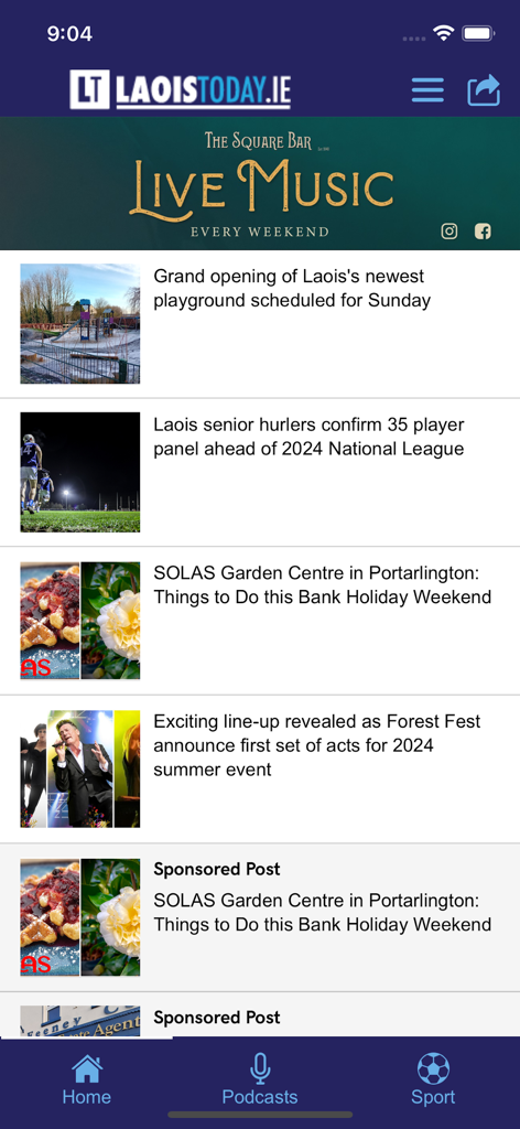 LaoisToday news app home screen displaying local community news stories, sports updates, and sponsored content for County Laois.