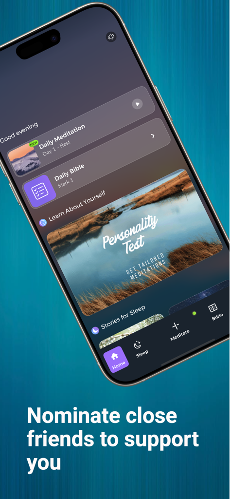 Soultime Christian Meditation - Interface of Soultime Christian Meditation app showing daily meditation and Bible study options with a community support message