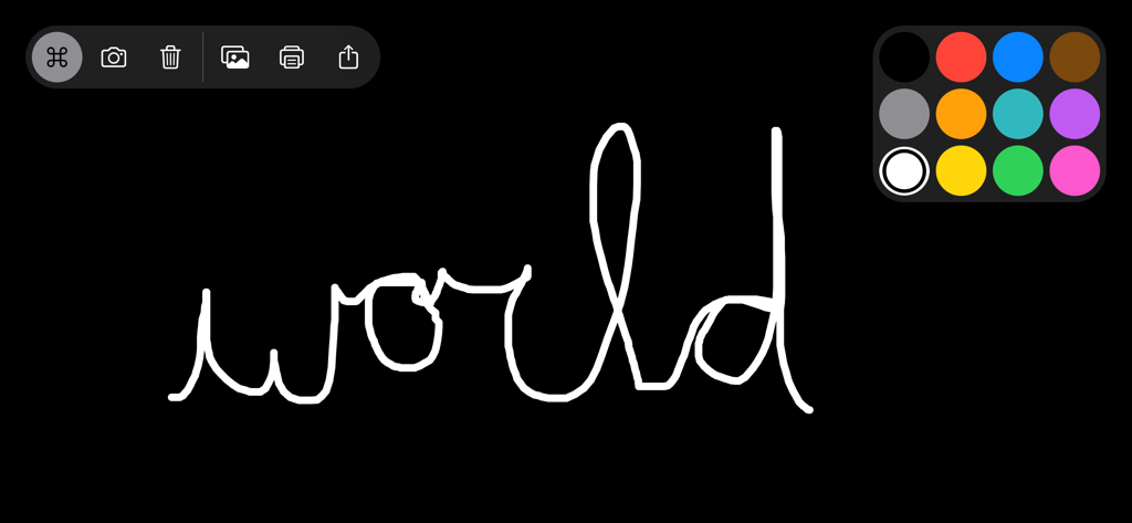 Whiteboard: just draw together - Interfaz de la aplicación de pizarra con la palabra world escrita a mano en blanco sobre un fondo negro y una paleta de colores