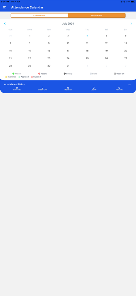 Onex HRMS - Onex HRMS app attendance calendar screen showing monthly work schedule and attendance status summary