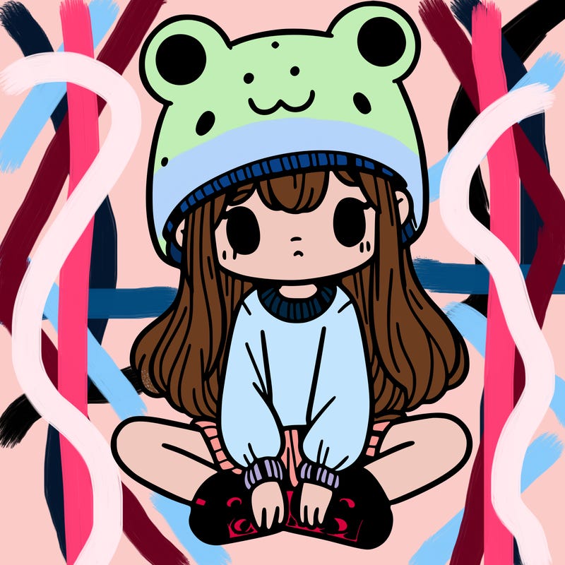 a girl wearing a frog hat and some frog socks