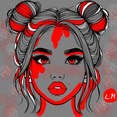 realistic girl with two buns on her hair and lips