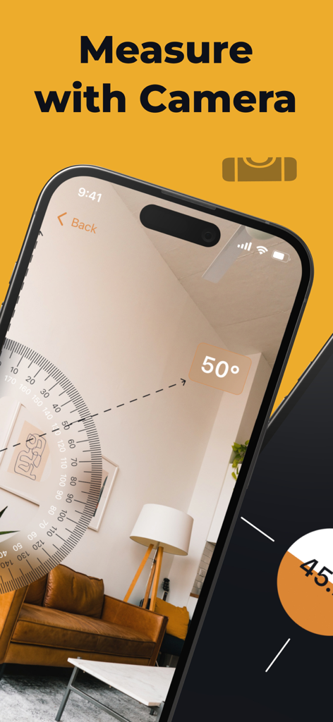 Metal Detector - Stud Finder - 部屋の50度の角度を測定する拡張現実分度器ツールを示すスマートフォンの画面