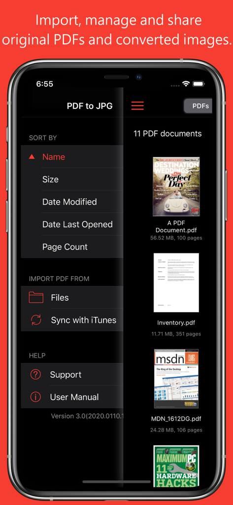 PDF to JPG - Converter - PDF to JPG App-Oberfläche, die eine Dokumentenliste und Importmenüoptionen anzeigt